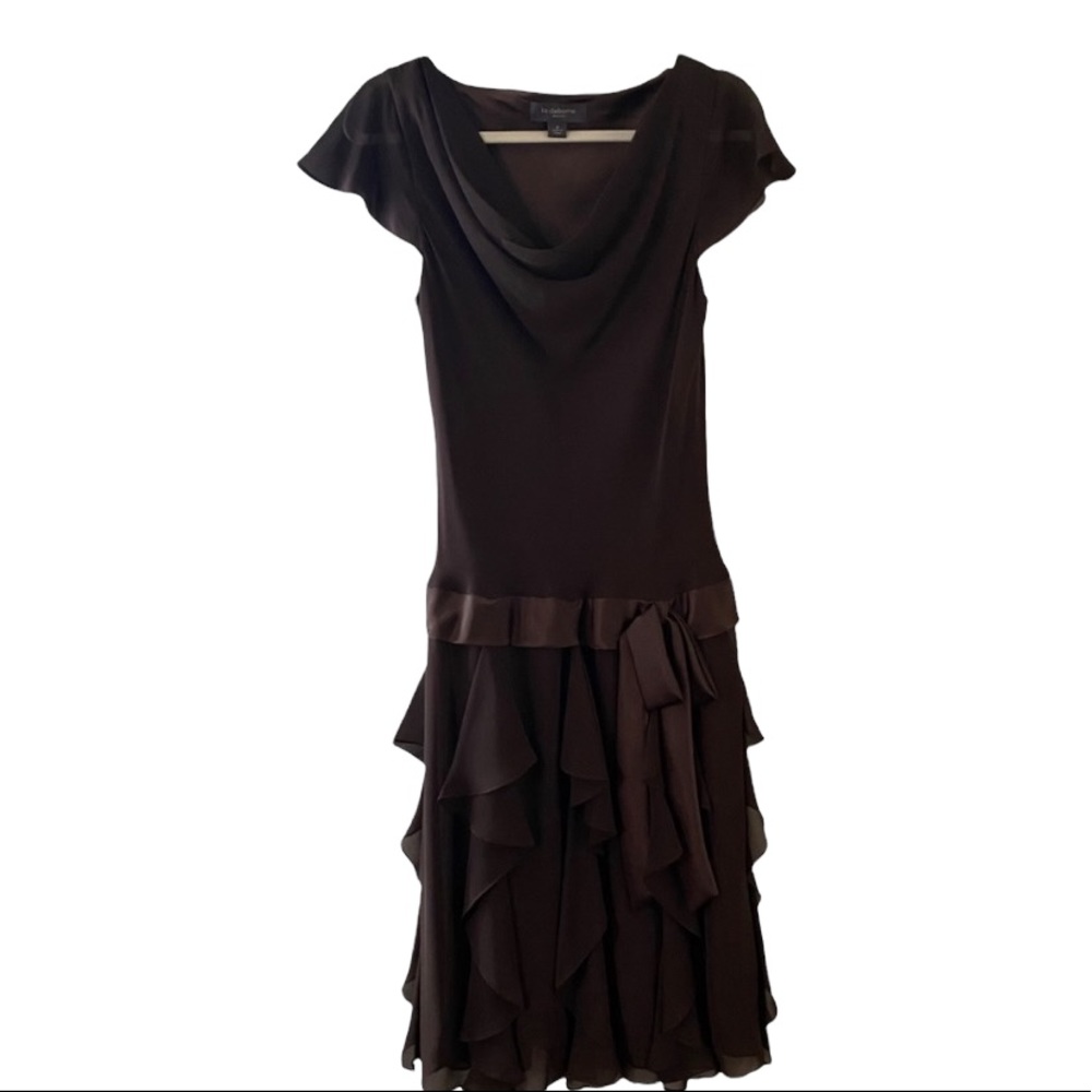 Liz Claiborne Ruffle Drop Waist Midi Dress Size 8 Brown.